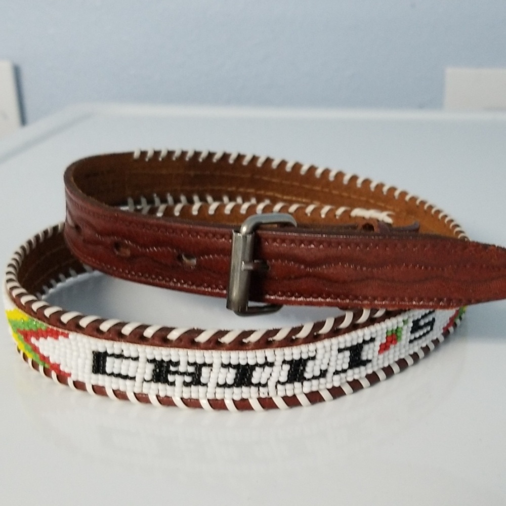Southwestern style tooled leather beaded belt